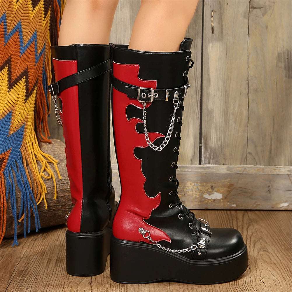 Autumn Gothic Halloween Mid Calf Boots Women Wedges High Heels Punk Street Platform Boots Female Cosplay Shoes For Woman