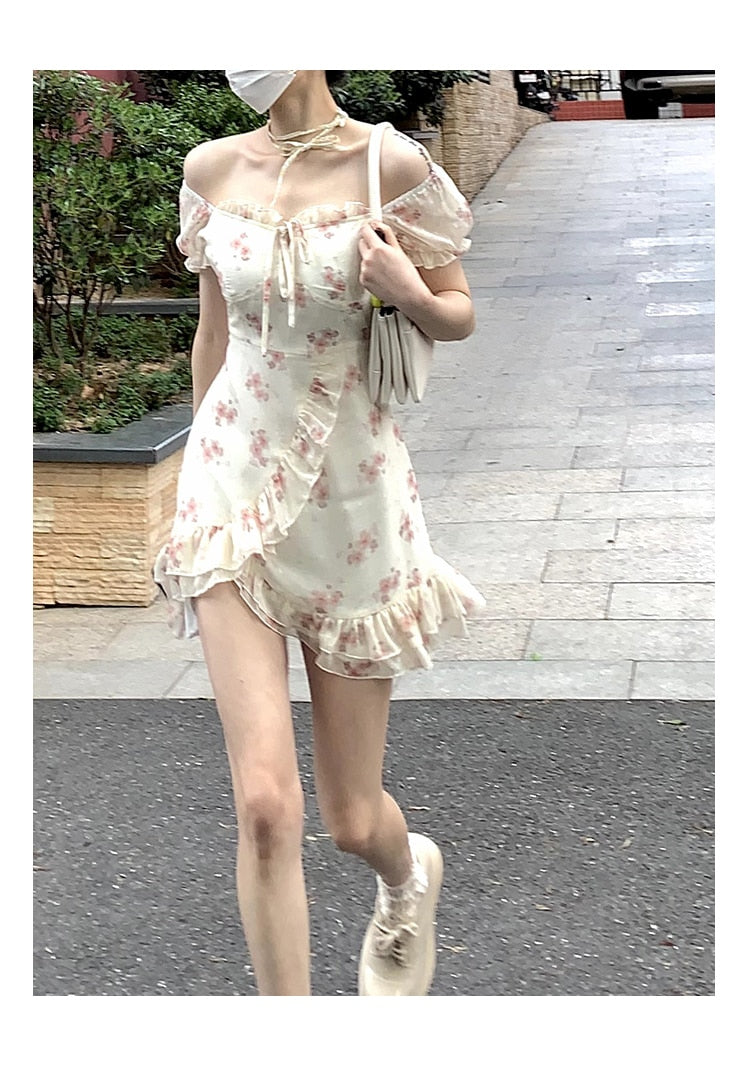 Floral Elegant Short Sleeve Dress Women Casual 2023 Summer Sexy Party One Piece Dress Korean Fashion Beach Vintage Midi Dress