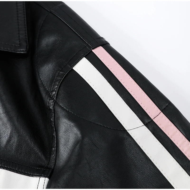 New Bow Y2k Motorcycle PU Leather Jacket Fashion Women Zipper Polo-neck Sweet Cool Coat 2024 Autumn Vintage Street Oversize Top