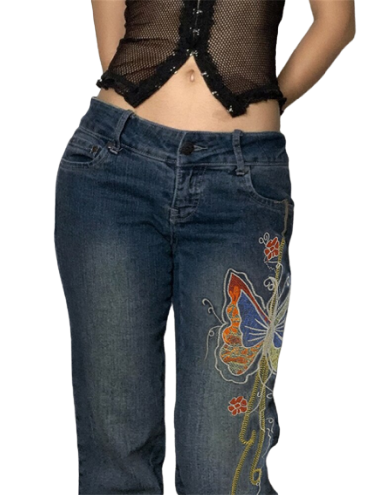Retro Butterfly Print Denim Jeans Low Waisted Grunge Vintage Cargo Trousers Fairycore Harajuku Fashion Pants