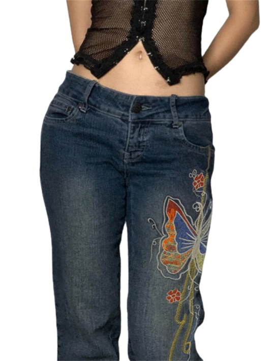 Retro Butterfly Print Denim Jeans Low Waisted Grunge Vintage Cargo Trousers Fairycore Harajuku Fashion Pants