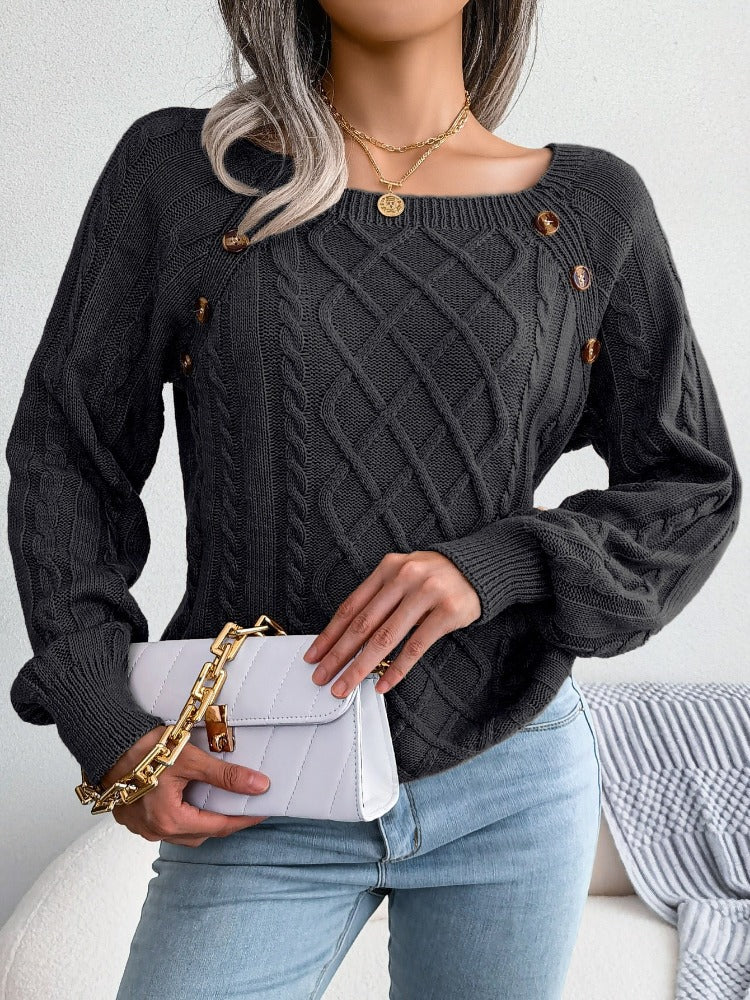 Casual Square Collar Knitted Pullovers and Sweaters for Women: Long Sleeve, Buttons, Ideal for Autumn and Winter