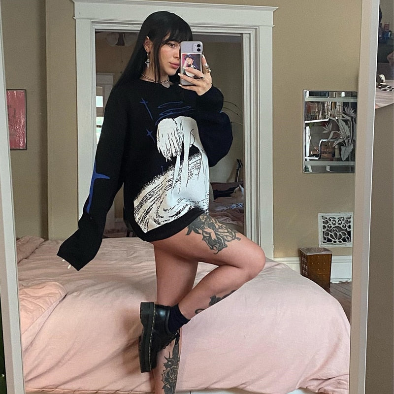 Y2K Women's Oversized Harajuku Knitwear Cute Anime Print Pattern O Neck Pullover Sweater Girls Streetwear Knitting
