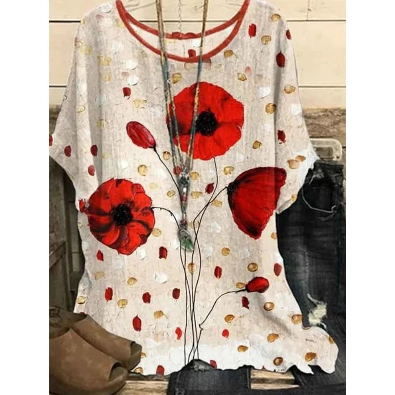 Flower Print Tops Vintage Pullover Spring Summer Loose Short Sleeves Oversized Tee Shirt Fashion T-Shirt