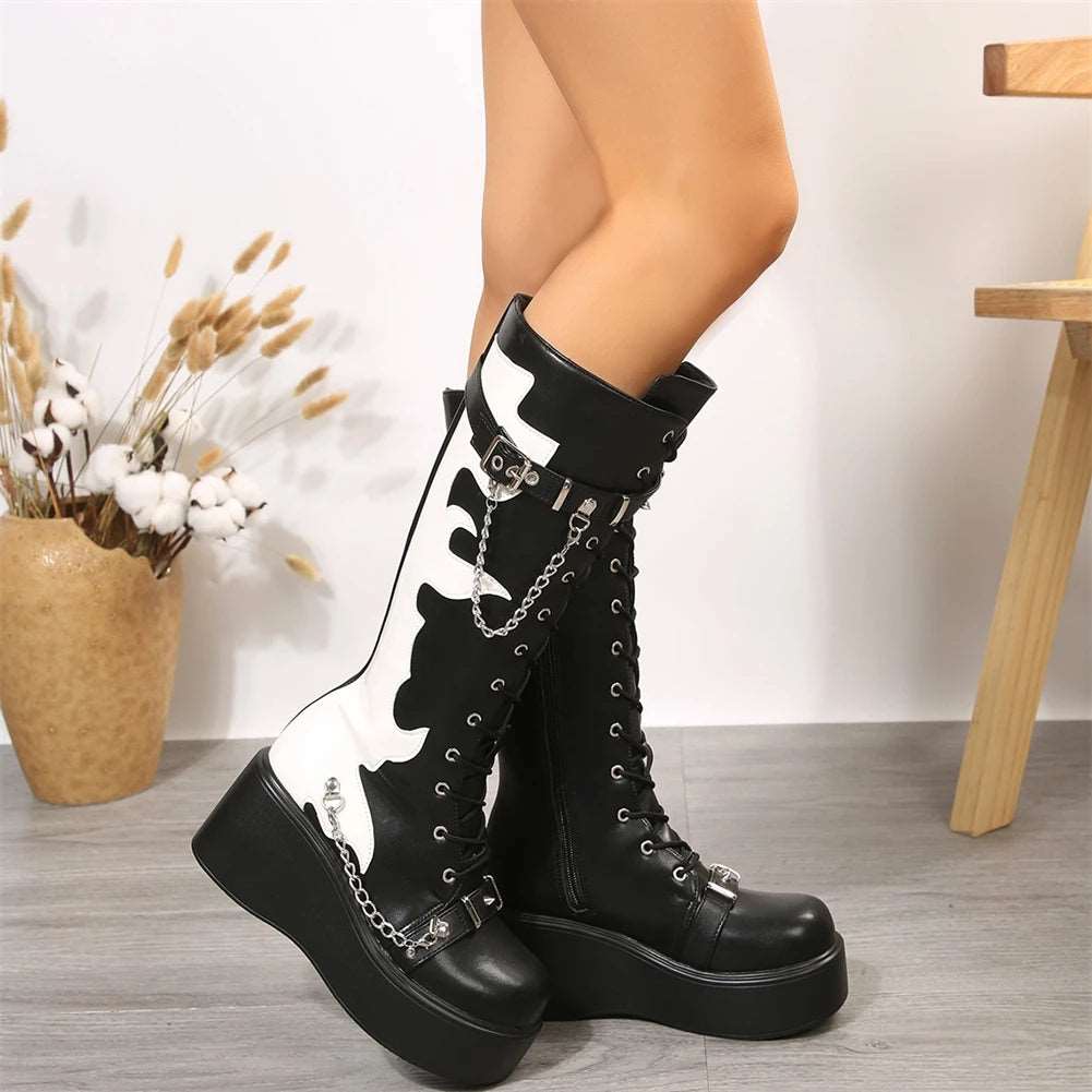 Autumn Gothic Halloween Mid Calf Boots Women Wedges High Heels Punk Street Platform Boots Female Cosplay Shoes For Woman