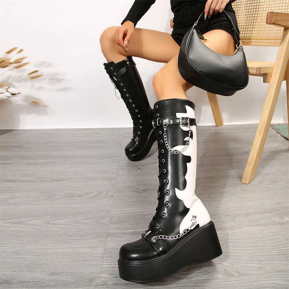 Mid Calf Boots Women Wedges High Heels Punk Street Platform Boots Female Cosplay Shoes For Woman Media 7 of 30