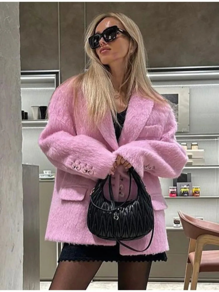 Single-Breasted Lapel Jacket Women's Solid Plush Coat with Double Pockets, Long Sleeves Autumn Elegance for Casual or Office Wear