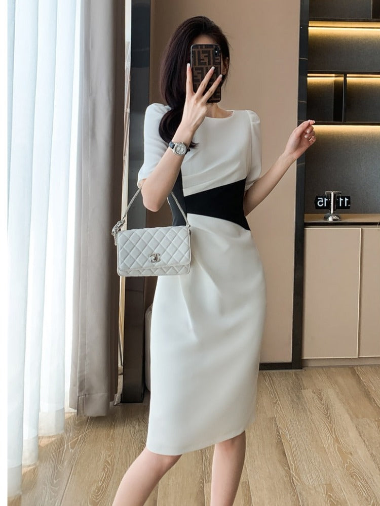 New O-Neck Vintage Vestidos Simple Chic Color Blocking Bodycon Office Casual Dress