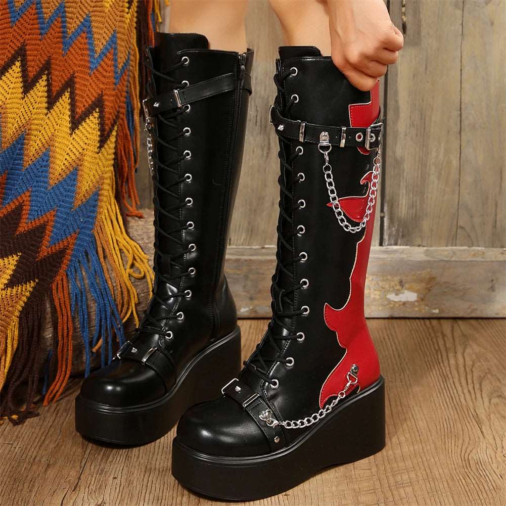 Autumn Gothic Halloween Mid Calf Boots Women Wedges High Heels Punk Street Platform Boots Female Cosplay Shoes For Woman