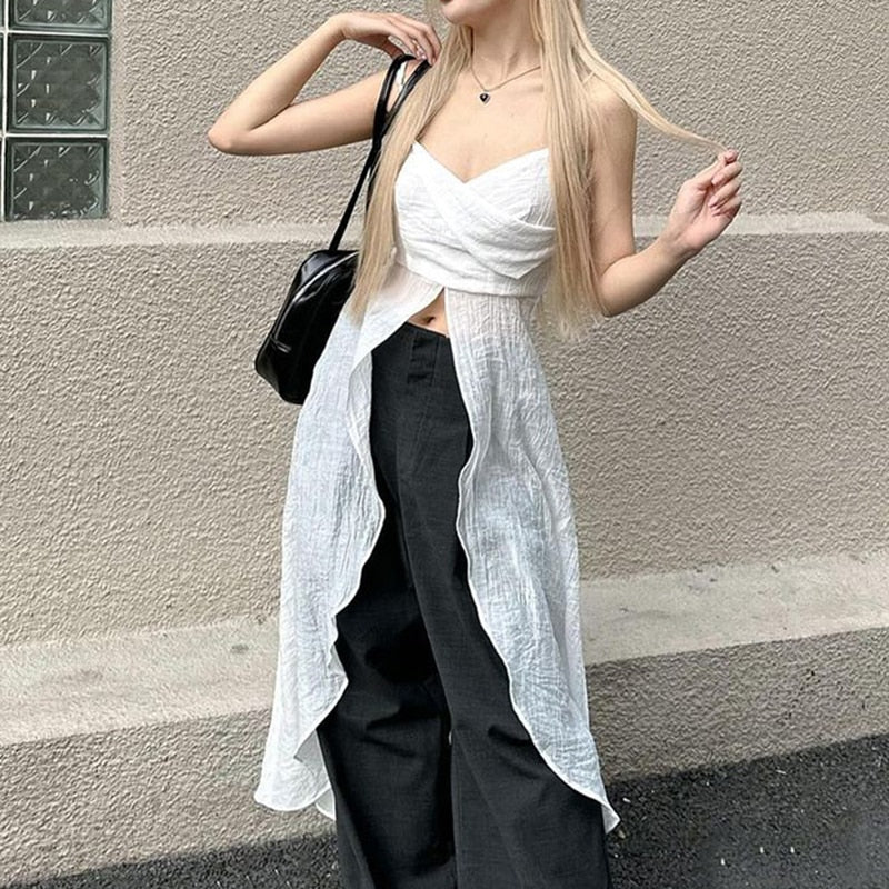 Korean Fashion Solid Split Crop Tops Women Grunge Sexy Sleeveless Corset Tank Top V Neck Streetwear Gothic Dark Vest