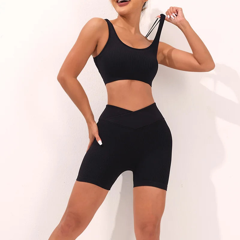 Seamless Thread Yoga Suit activewear Backless Cross Over Bra Sports Vest High Waist Butt Lift Cross Over Shorts Leggings Jumpsuit for Women
