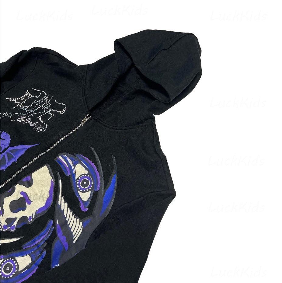 Men's Rhinestone Skull Purple Print Streetwear Oversized Hoodie Men's Jacket Jacket Goth Harajuku Y2k Clothes Grunge Zip Hoodie