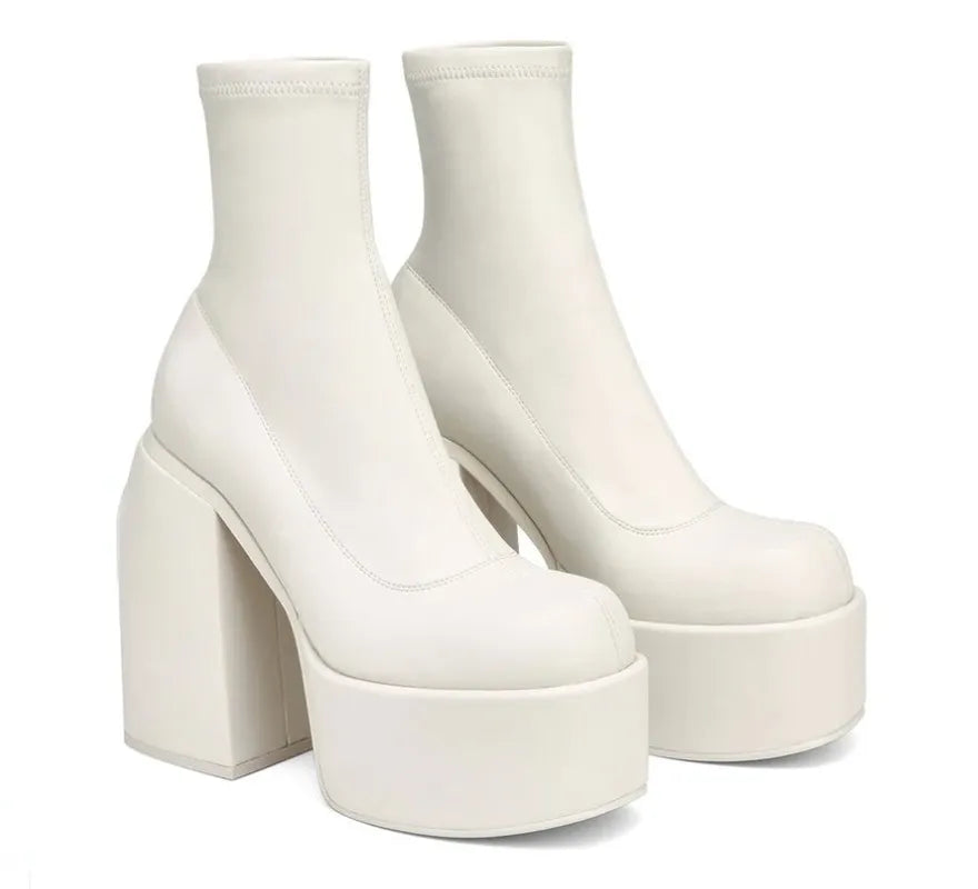 Autumn Winter Round Toe Ladies Matin Boots Jeans Platform Boots Chunky Heels Boots White Women's Shoes Big Size 41 42