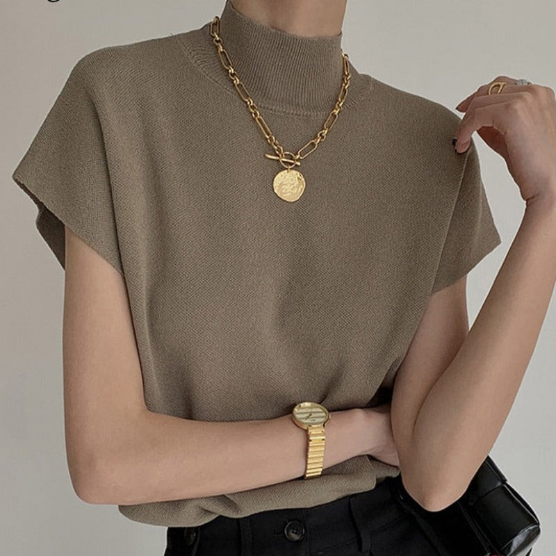 Elegant Office Lady Fashion: Solid Stand-up Collar Knitted Sweater Vest Shirt with Short Sleeve