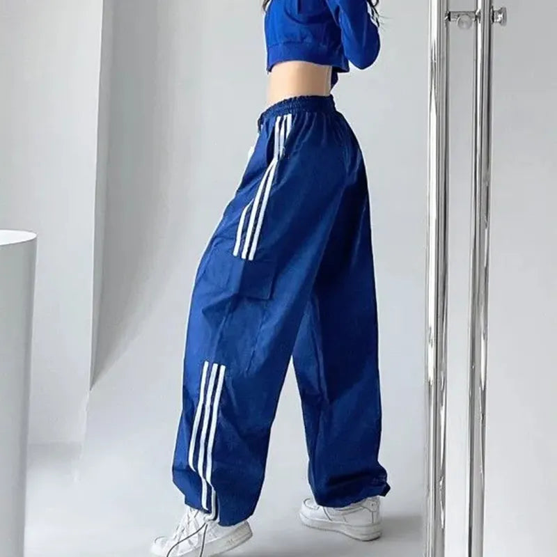 Women Hip Hop Streetwear Baggy Wide Leg Cargo Pants Bf Y2K High Waist Drawstring Joggers Trousers Striped