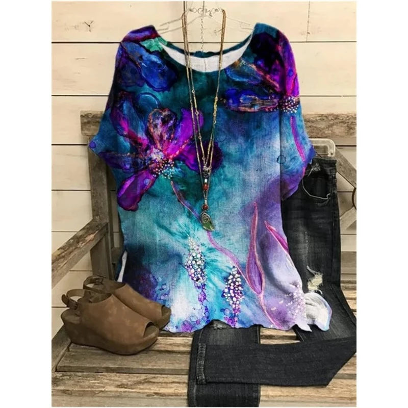 Flower Print Tops Vintage Pullover Spring Summer Loose Short Sleeves Oversized Tee Shirt Fashion T-Shirt
