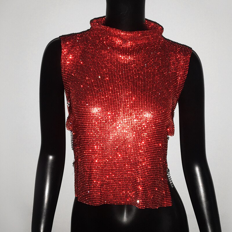 Sexy Rhinestone Glitter Turtleneck T-Shirt Women Backless Party Crop Top Adjustable Metal Chain Diamond Tank Top Summer Nightclub