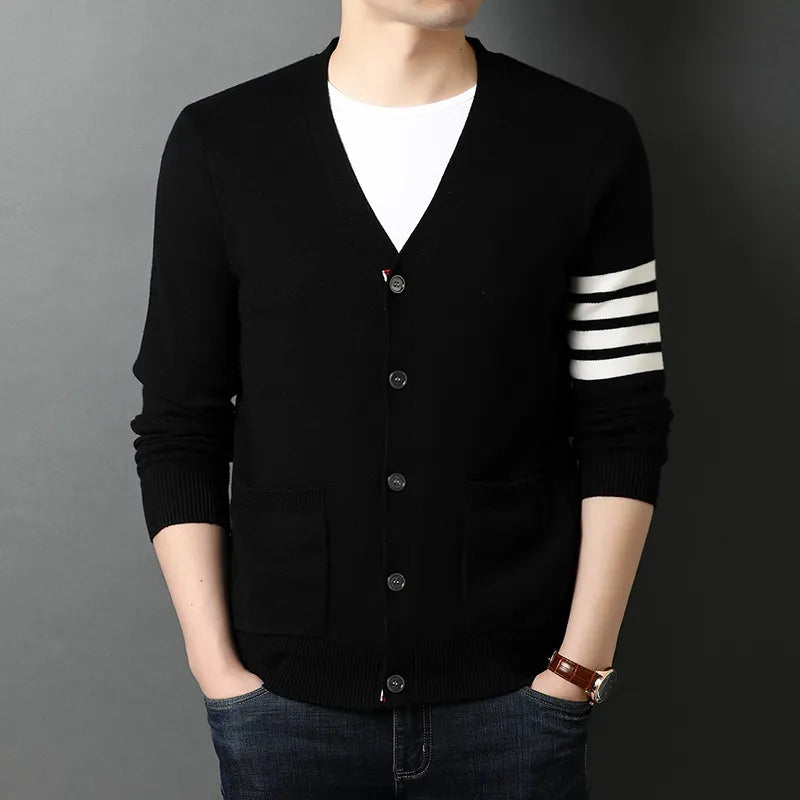 Popular 2024 Season Men's Three-Color Striped Cardigan Coat - Trendy Wool Knitwear Sweater Cardigan
