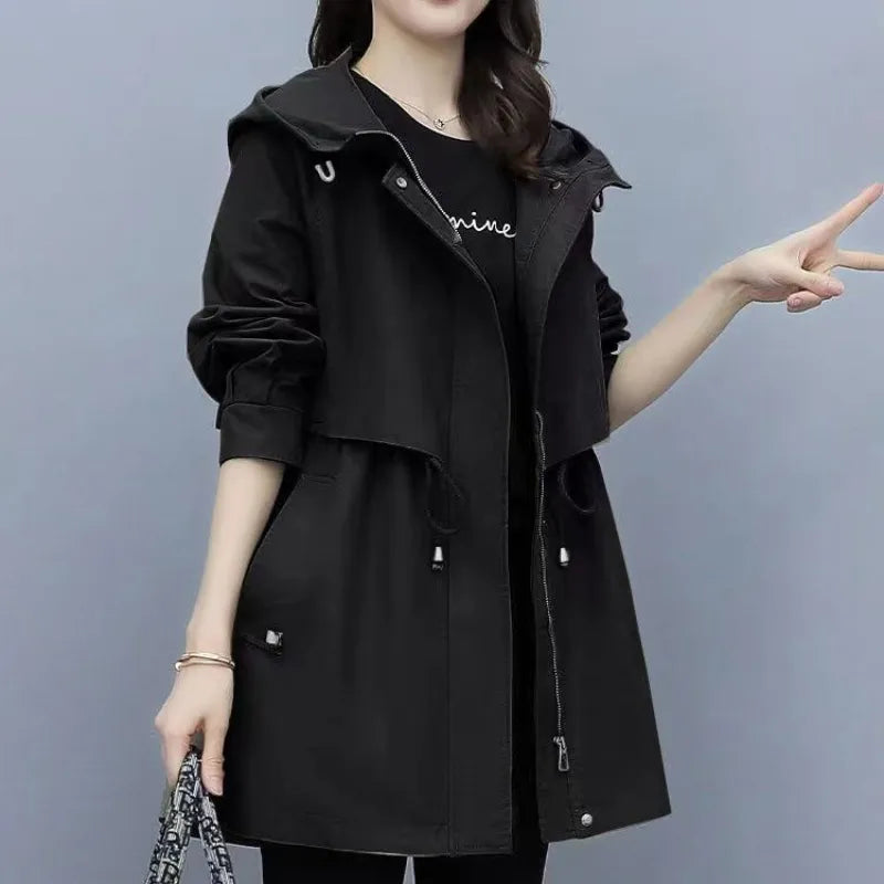 Women's Mid-length Trench Coat Hooded Zipper, British Style Loose Coats.