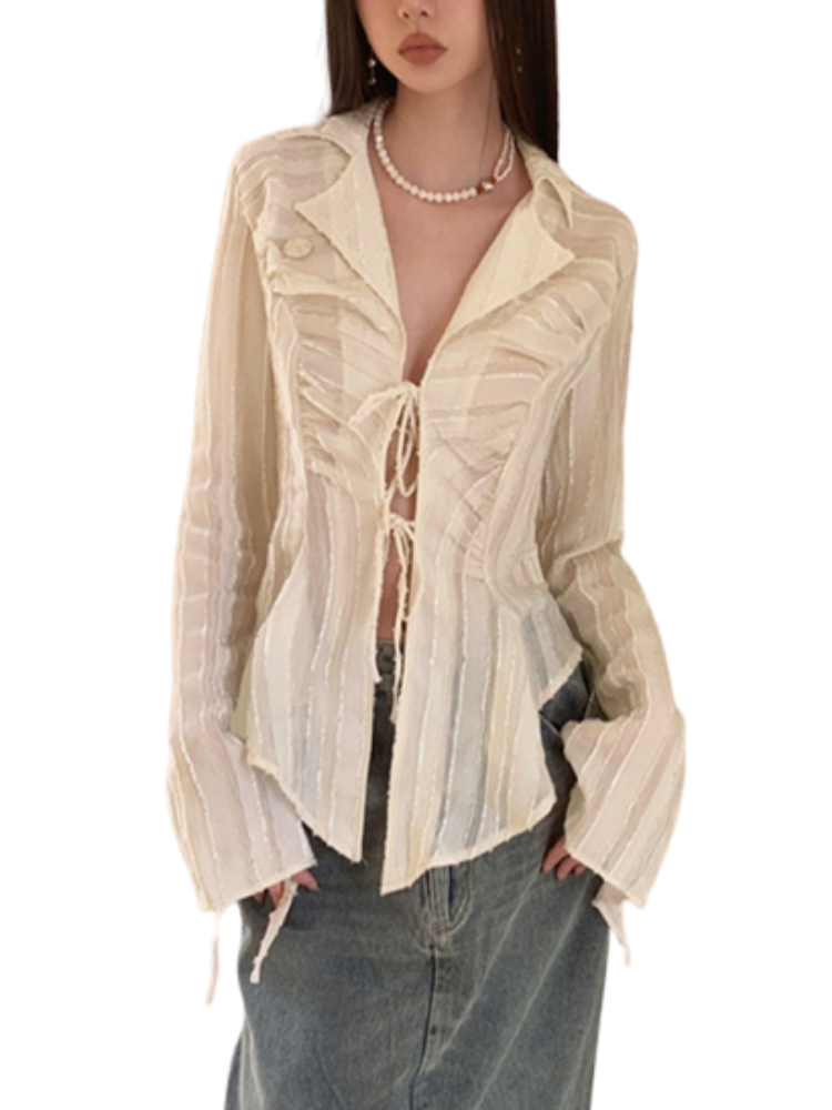 Fairycore Lace Up Blouse Women Long Sleeve Spring 2023 New Turn-down Collar Women Shirt Ladies Tops