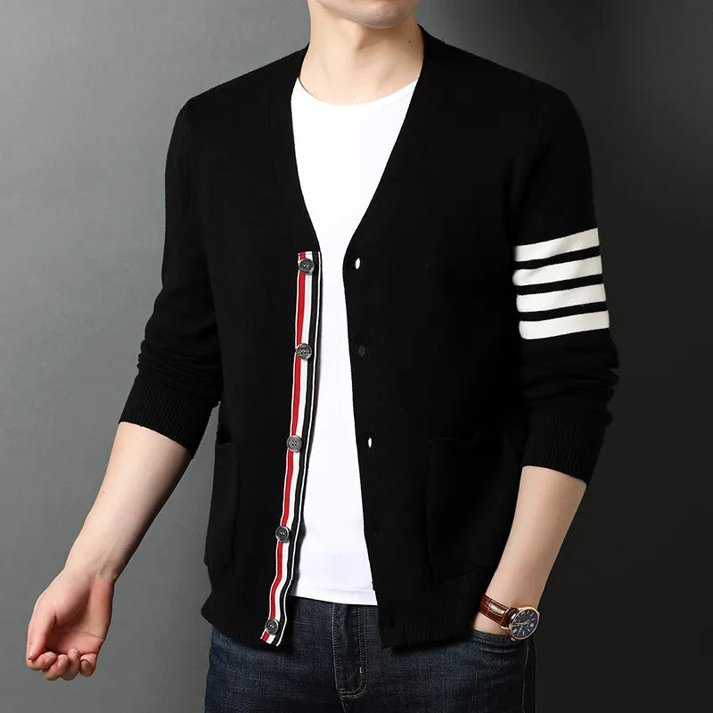 Popular 2024 Season Men's Three-Color Striped Cardigan Coat - Trendy Wool Knitwear Sweater Cardigan