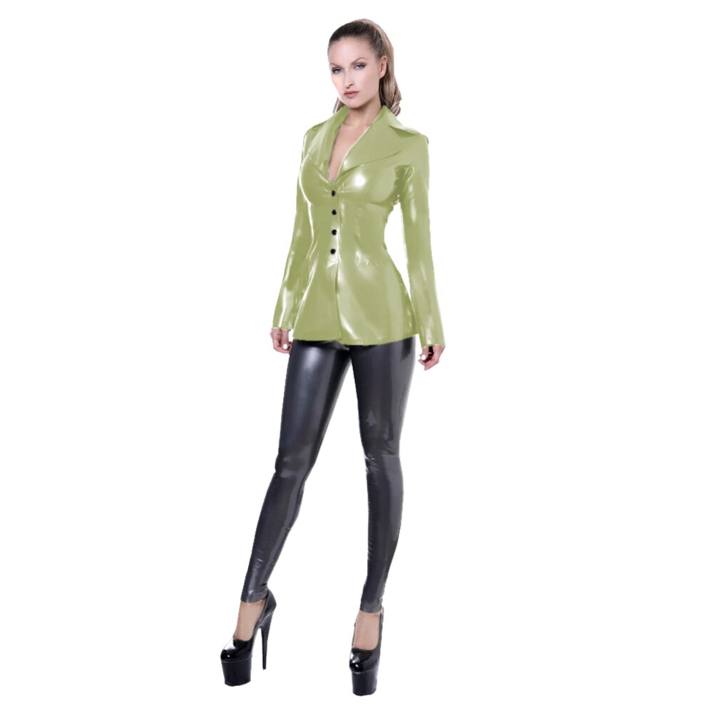 Fashion Buttons Shiny PVC Suit Jacket for Women  Sexy Faux Leather Coat Dress