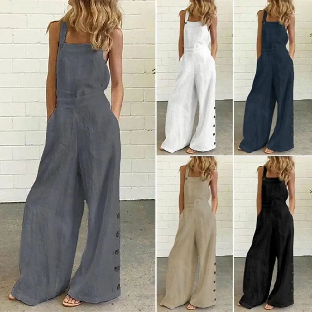 Hot!Women Jumpsuit Rompers Wide Leg Pants Pure Color Low Cut Plus Size Side Buttons Sleeveless Long Trousers Suspenders Playsuit