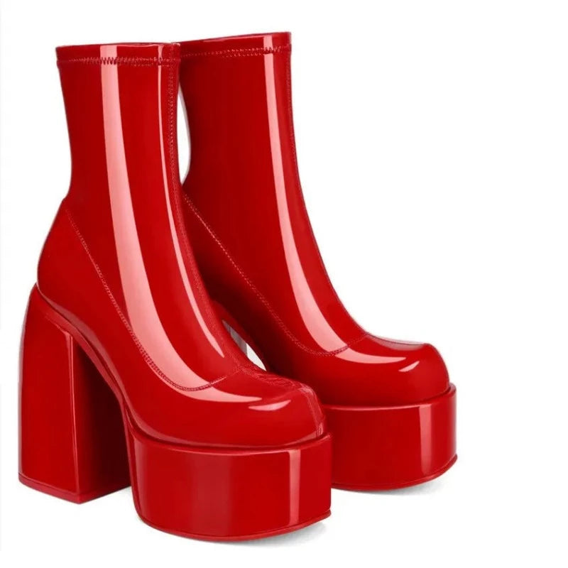 Autumn Winter Round Toe Ladies Matin Boots Jeans Platform Boots Chunky Heels Boots White Women's Shoes Big Size 41 42