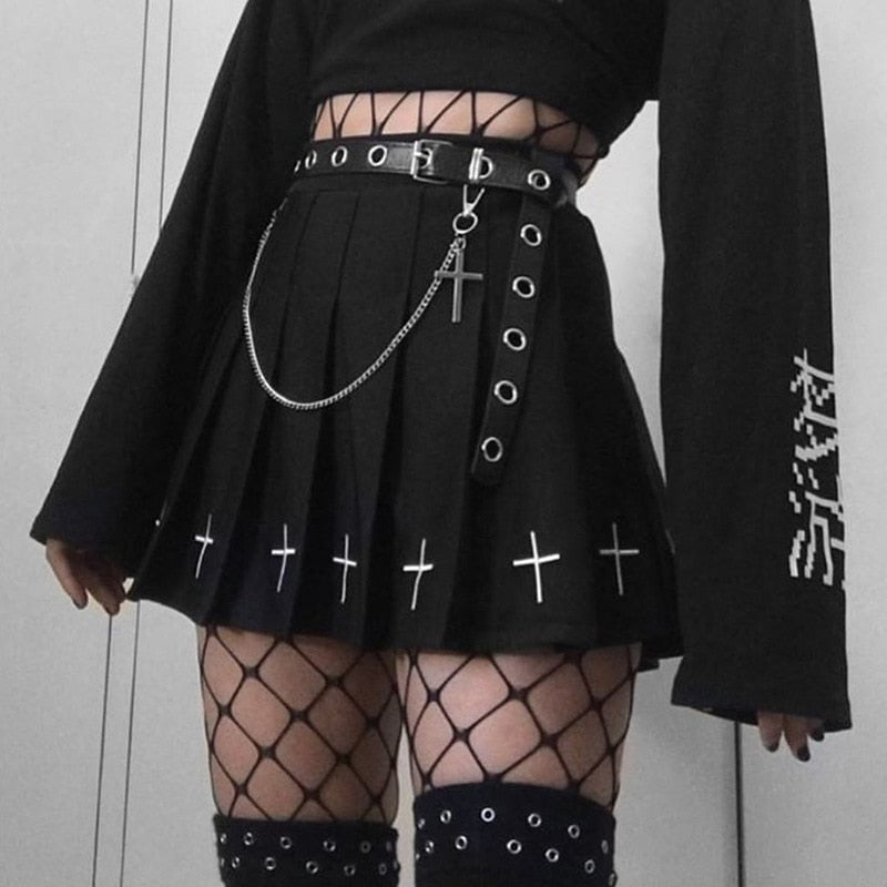 Black High Waist Mini Skirts Gothic Streetwear Style with Punk Pleated Vintage Skirt, Cross Print, and Lolita Harajuku Vibes for Women
