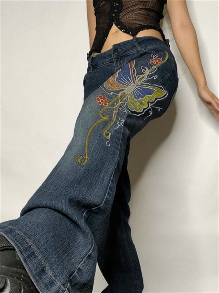 Retro Butterfly Print Denim Jeans Low Waisted Grunge Vintage Cargo Trousers Fairycore Harajuku Fashion Pants
