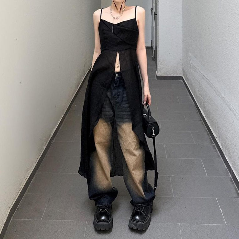 Korean Fashion Solid Split Crop Tops Women Grunge Sexy Sleeveless Corset Tank Top V Neck Streetwear Gothic Dark Vest