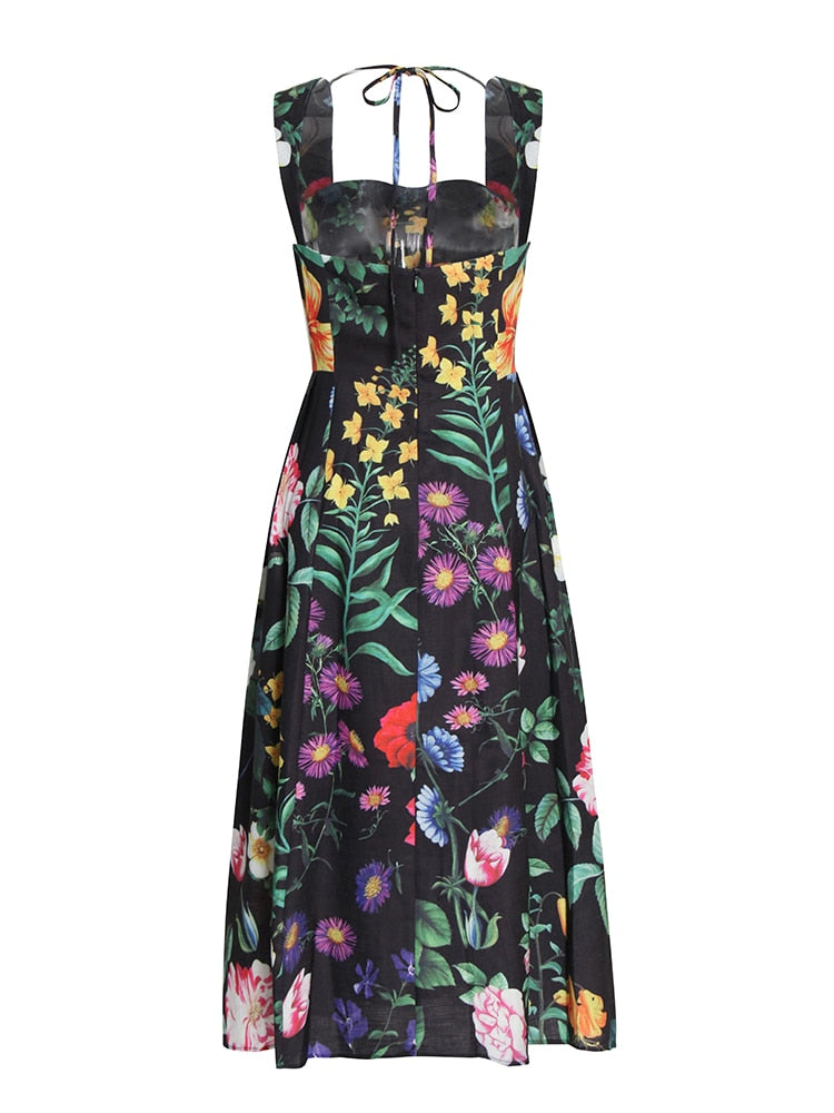 Vintage Print Floral Dress For Women Square Collar Sleeveless High Waist Backless Colorblock Midi Dresses Female Clothes New