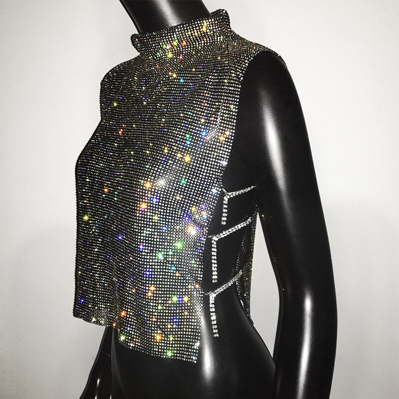 Sexy Rhinestone Glitter Turtleneck T-Shirt Women Backless Party Crop Top Adjustable Metal Chain Diamond Tank Top Summer Nightclub
