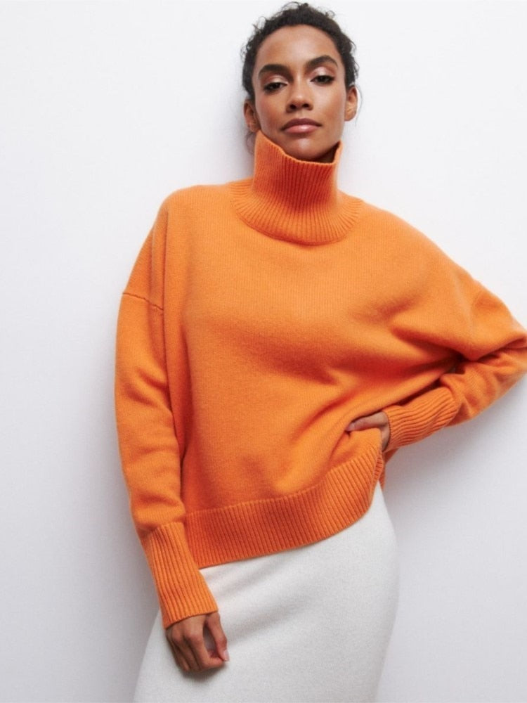 Autumn Winter Women's Turtleneck Sweater Solid, Elegant, Thick, Warm, Long Sleeve Knitted Pullovers - Ladies' Casual Basic Jumpers Tops.