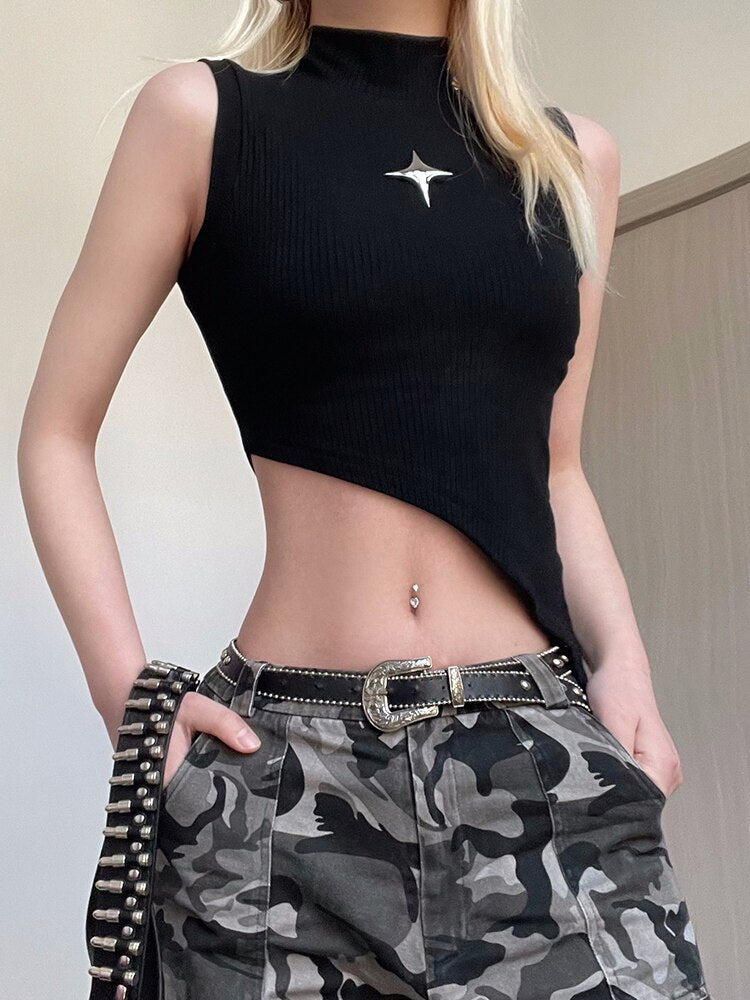 Dark Academia Rivet Patchwork Crop Tops | Women's Grunge Sleeveless Black Irregular Tank Top | Streetwear Punk Clothes