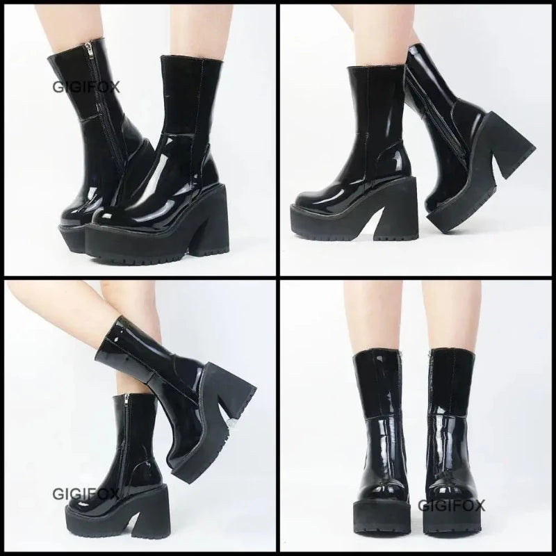 Goth Platform High Heels Zip Chunky Women's Boots Black Punk Thick Bottom Motorcycle Boots Cosplay Y2K Casual Shoes