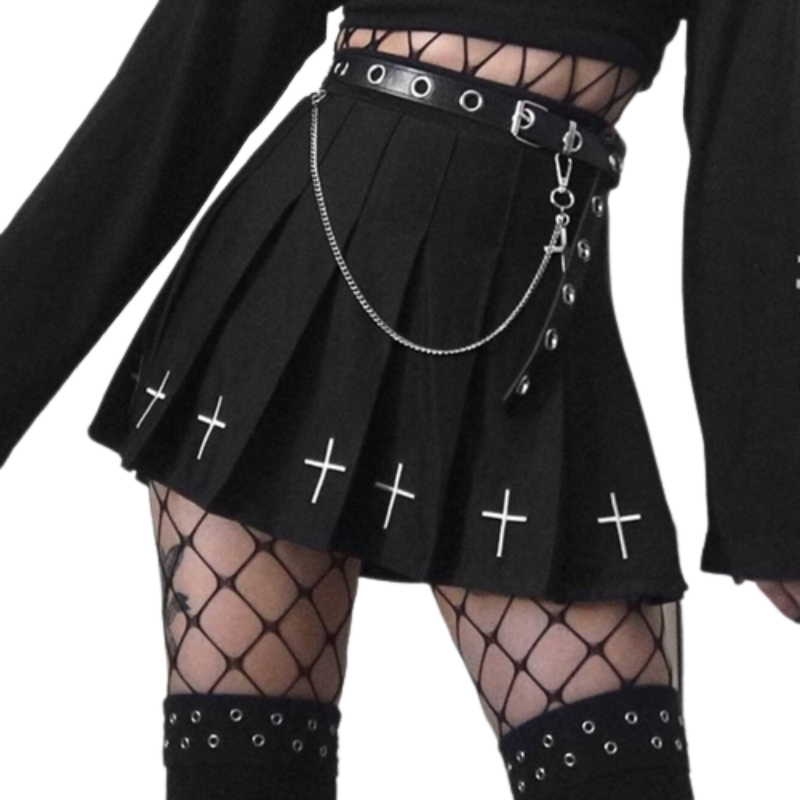 Black High Waist Mini Skirts Gothic Streetwear Style with Punk Pleated Vintage Skirt, Cross Print, and Lolita Harajuku Vibes for Women