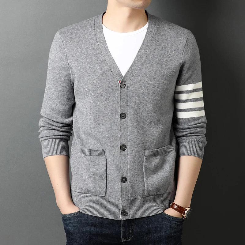 Popular 2024 Season Men's Three-Color Striped Cardigan Coat - Trendy Wool Knitwear Sweater Cardigan