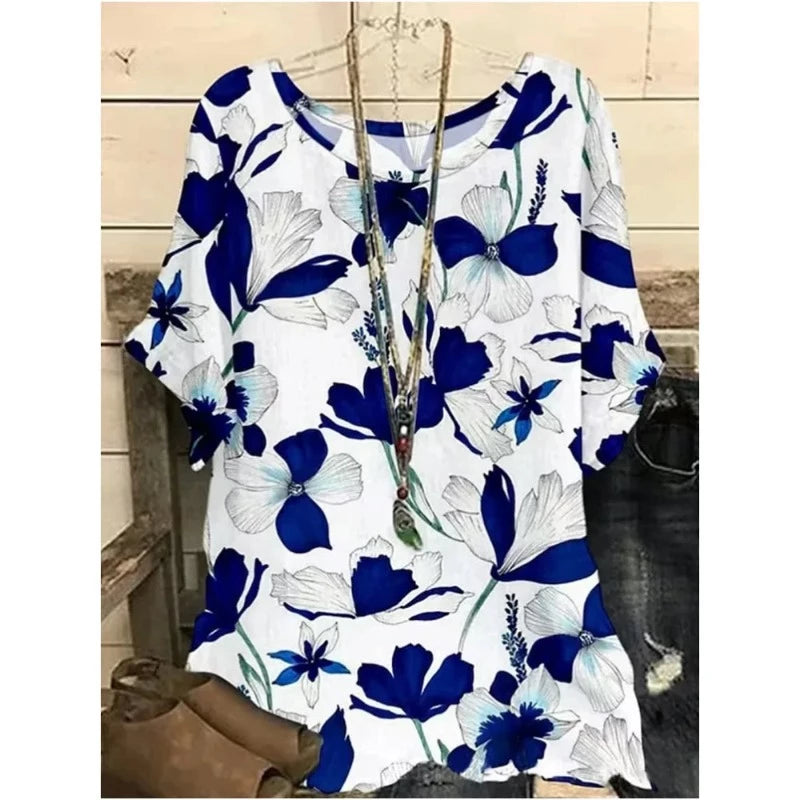 Flower Print Tops Vintage Pullover Spring Summer Loose Short Sleeves Oversized Tee Shirt Fashion T-Shirt