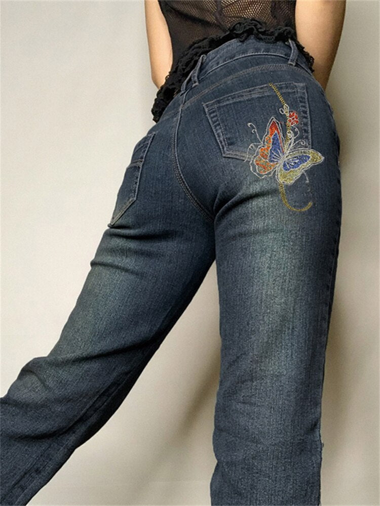 Retro Butterfly Print Denim Jeans Low Waisted Grunge Vintage Cargo Trousers Fairycore Harajuku Fashion Pants