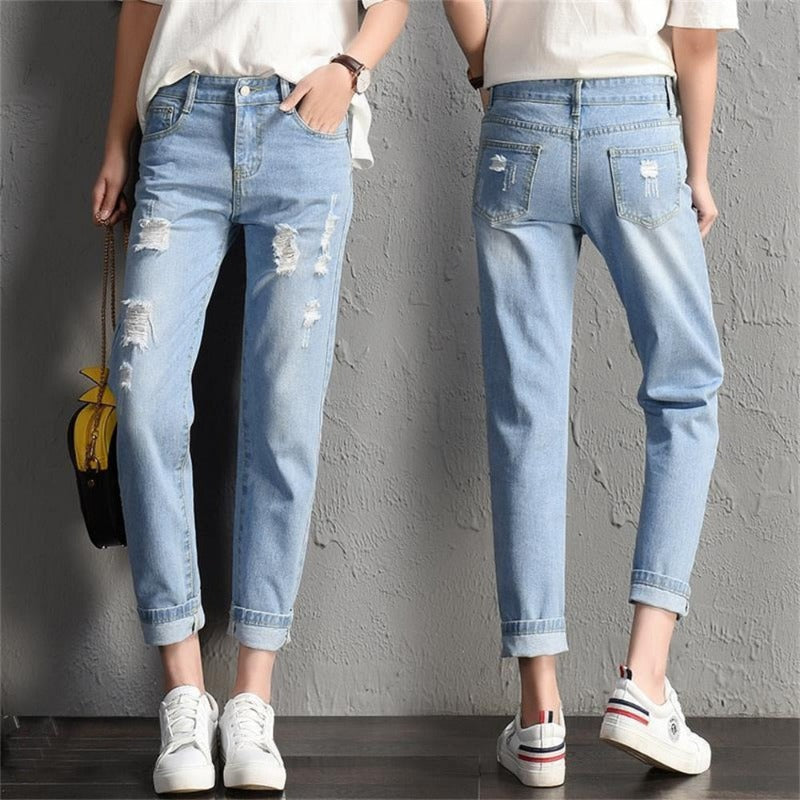 Trendy and Sexy Women Fashion Mid Waist Boyfriend Big Ripped Hole Jeans - Casual High Street Denim Pants for Vintage Style