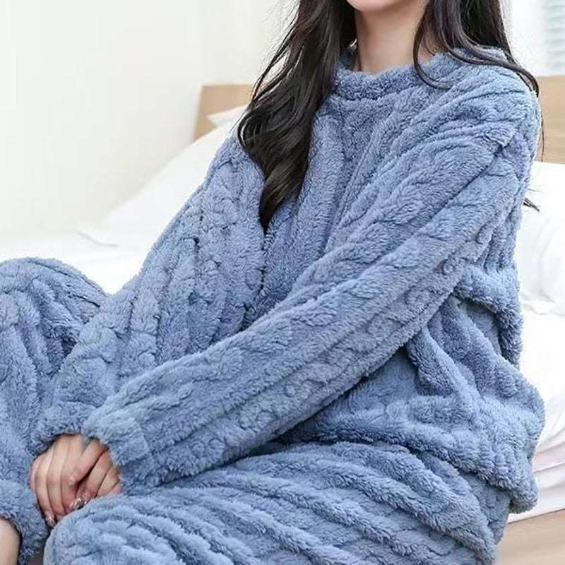 Autumn Winter Women's Casual Pajama Sets - Thicken Velvet Ribbed Fleece Set with Warm Pullover and Pants, 2-Piece Cozy Ensemble