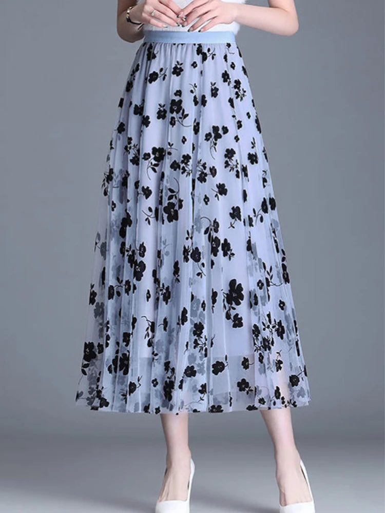 Mid-length All-match High-waist Slimming Flocking Floral Mesh Long Gauze Skirts