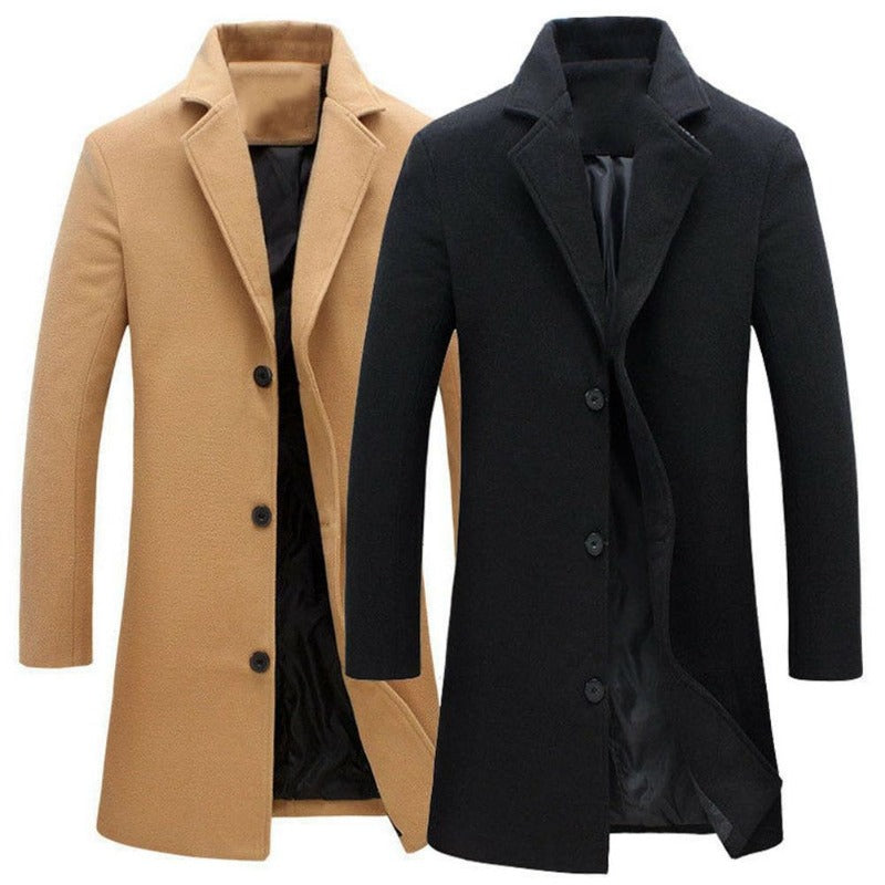 Autumn Winter Men's Fashion Solid Color Single-Breasted Lapel Long Woollen Coat Jacket, Casual Overcoat in Plus Size, Available in 5 Colors