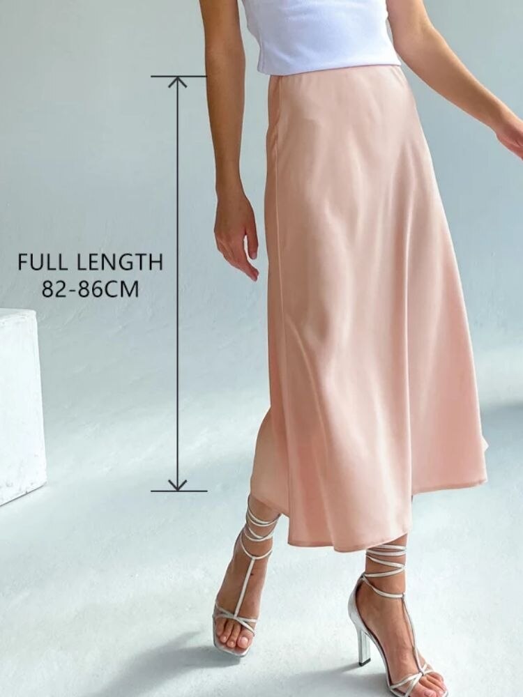 New Korean Style Elegant High-Waisted Silk Satin Skirt - Women's Pink Midi Skirt, A-Line Pencil Skort long
Skirt