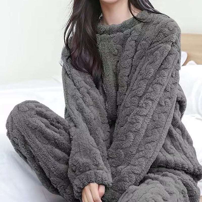Autumn Winter Women's Casual Pajama Sets - Thicken Velvet Ribbed Fleece Set with Warm Pullover and Pants, 2-Piece Cozy Ensemble