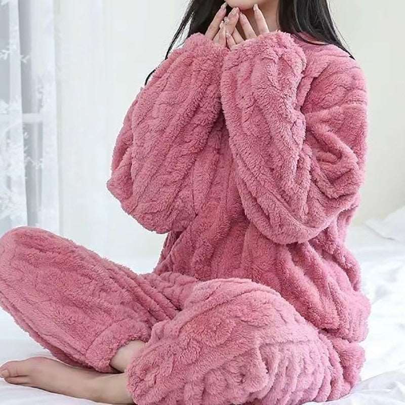 Autumn Winter Women's Casual Pajama Sets - Thicken Velvet Ribbed Fleece Set with Warm Pullover and Pants, 2-Piece Cozy Ensemble