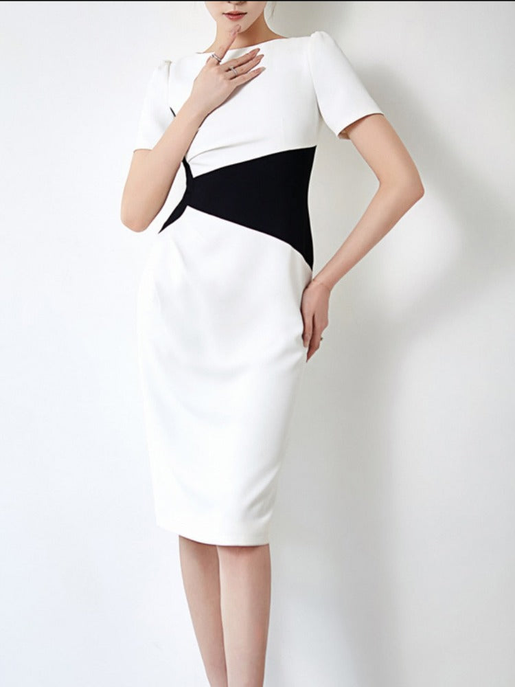 New O-Neck Vintage Vestidos Simple Chic Color Blocking Bodycon Office Casual Dress Women Sheath Pencil Dresses