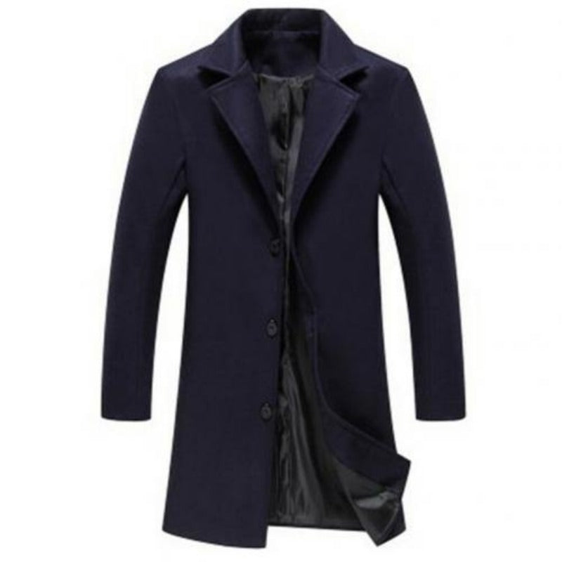 Autumn Winter Men's Fashion Solid Color Single-Breasted Lapel Long Woollen Coat Jacket, Casual Overcoat in Plus Size, Available in 5 Colors