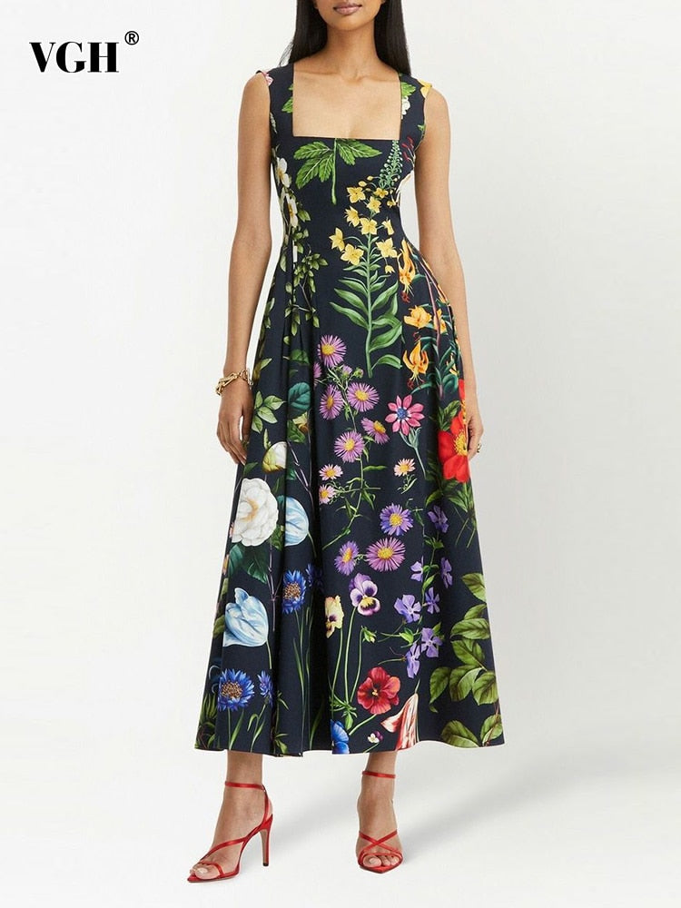 Vintage Print Floral Dress For Women Square Collar Sleeveless High Waist Backless Colorblock Midi Dresses Female Clothes New